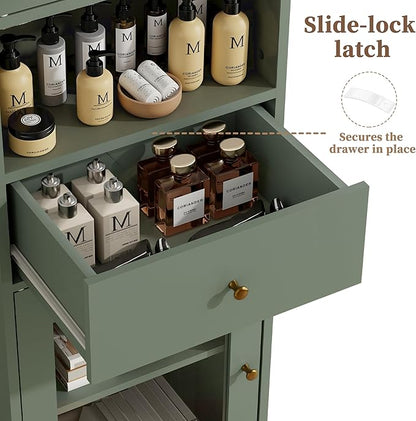 66.4" Tall Bathroom Storage Cabinet with Adjustable Shelves and Glass Doors, Anti-Tipping Narrow Cabinet, Linen Cabinet for Bathroom, Kitchen, Living Room, Olive Green