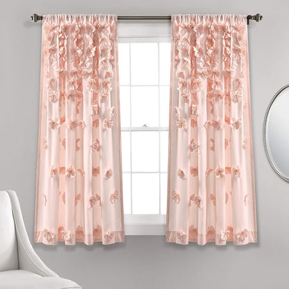 Lush Decor Riley Light Filtering Window Curtain Panel, Single 54" W x 63" L, Blush - Cute Pink Curtains for Bedroom - Bow Decor - Coquette Curtains for Windows