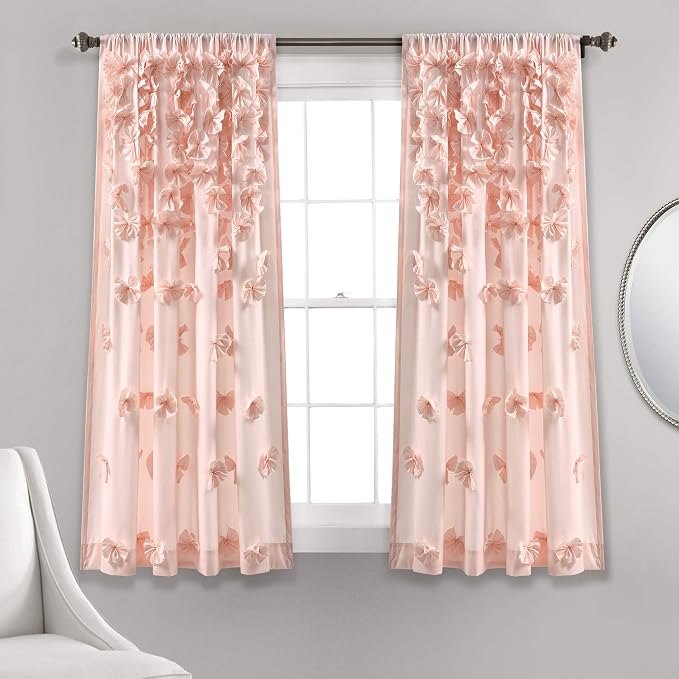 Lush Decor Riley Light Filtering Window Curtain Panel, Single 54" W x 45" L, Blush - Cute Pink Curtains for Bedroom - Bow Decor - Coquette Curtains for Windows