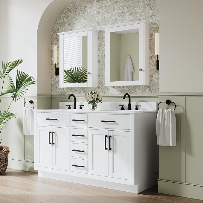 60-Inch Bathroom Vanity with Double Sinks W/ 4 Doors & 4 Drawers & 2 Flip Drawers, White Vanity W/Matte Black Handles