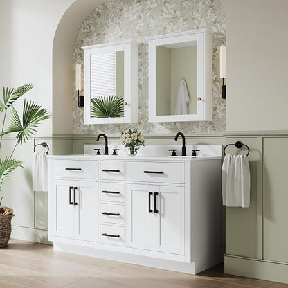 60-Inch Bathroom Vanity with Double Sinks W/ 4 Doors & 4 Drawers & 2 Flip Drawers, White Vanity W/Matte Black Handles