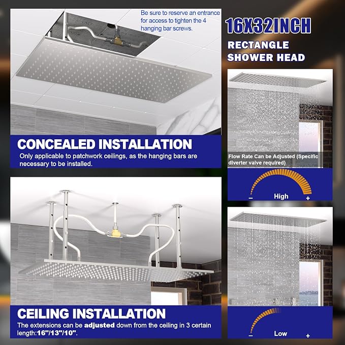 16" x 32" Luxury High Pressure Rain Shower Head, Ceiling Mount Rectangle Rainfall Showerhead with Silicone Nozzles Full Body Fixed Showerheads For Modern Bathroom, Brushed Nickel Plated Finish