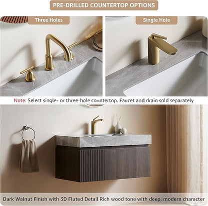 30” Floating Bathroom Vanity with Sink, Wall-Mounted Cabinet with Drawer & Doors, Gray Travertine-Pattern Sintered Stone Top, Undermount Basin, Single Faucet Hole, Soft-Close, Pre-Assembled, Dark Oak