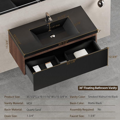 36 Inch Floating Bathroom Vanity, Smoked Walnut Wall Mounted Striped Cabinet, Black Quartz Sand Basin, Soft Close Drawers, Fully Assembled