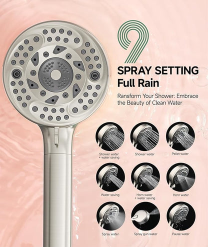 Filtered Shower Head with Handheld, 9-Spray Mode High Pressure Detachable Shower Head with Filters for Hard Water - Remove Chlorine Brushed