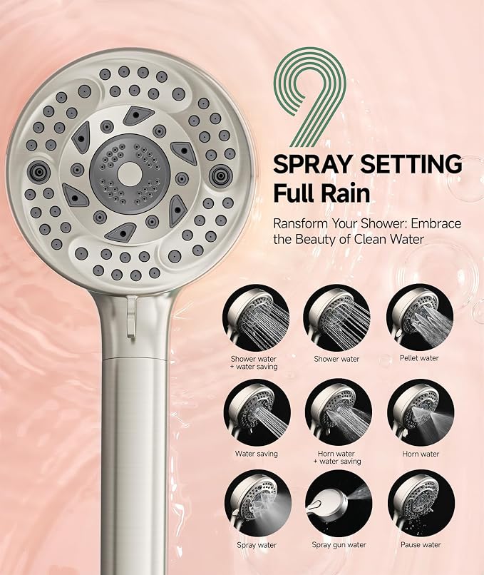 SunCleanse Filtered Shower Head with Handheld,9-Spray Setting Detachable Shower Head with 4 Filters for Hard Water - Filter Chlorine, Improve Skin and Hair Texture (4 Filters, Brushed Nickel)