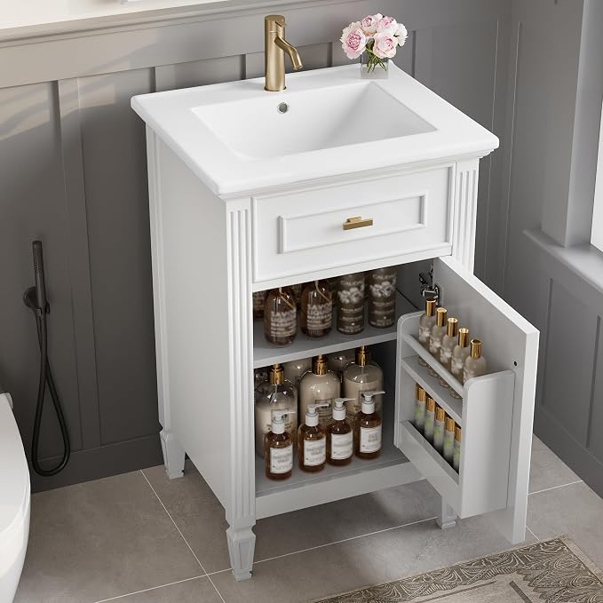 20 Inch Small Bathroom Vanity with Sink, Vanity Cabinet with Tip-Out Drawer and Door Rack Organizer, Adjustable Shelf, White