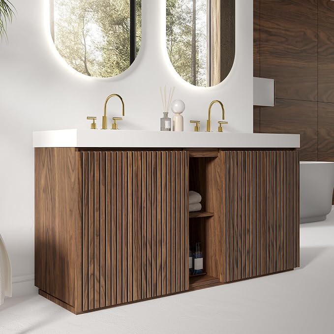 60 Inch Bathroom Vanity with Double Sink, Freestanding Double Sink Bathroom Vanity with White Engineered Stone Top, Open Storage Cabinet & Adjustable Shelf, Walnut (3 Holes)