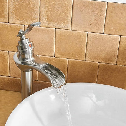 BWE Vessel Sink Faucet Waterfall Brushed Nickel with Pop Up Drain Assembly and Supply Hose Single-Handle Single Hole Bathroom Faucet Lavatory Mixer Tap Tall Body