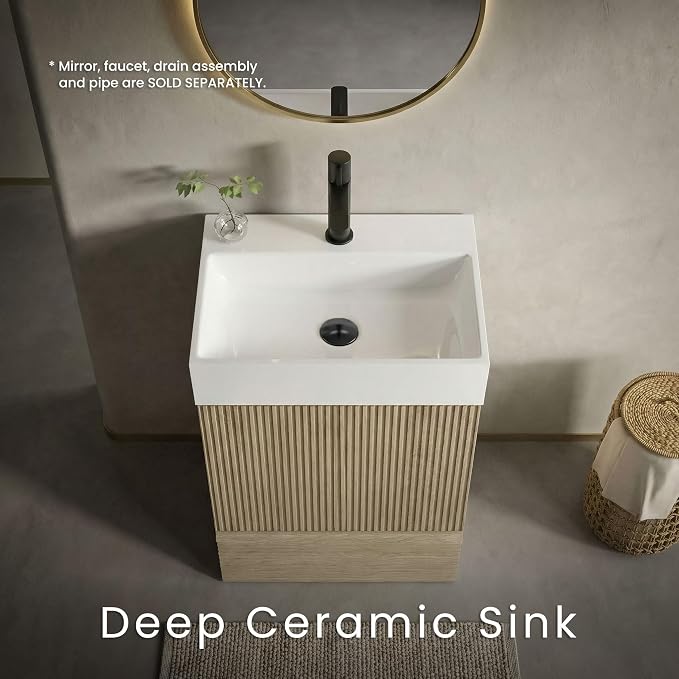 20 inch Bathroom Vanity with White Ceramic Sink, Bath Storage Cabinet with Soft-Closing Door and Drawer, Perfect for Small Space, Powder Room, Hotel, Light Oak