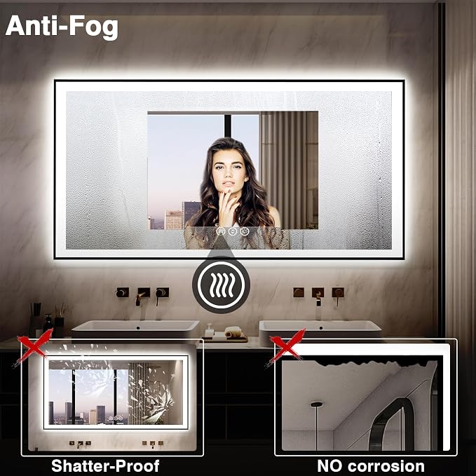 EchosLife 60x28 LED Bathroom Mirror for Wall - Black Aluminum Framed | Black Frame, Front and Backlit, Anti-Fog, Stepless Dimmable, 3 Colors, Memory, Tempered Glass, UL Listed, Horizontal/Vertical