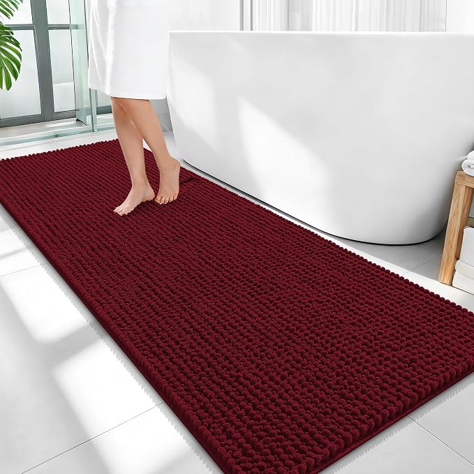 OLANLY Thick Chenille Bathroom Runner Rugs Mats 59x24, Burgundy | Soft Absorbent Bath Rugs, Rubber Backing, Machine Wash Dry, Bath Mats for Bathroom, Tub and Shower, Home Decor Accessories