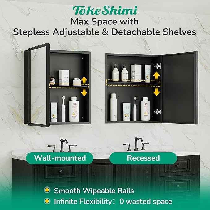 TokeShimi 14 x 18 Recessed Medicine Cabinet, Assembly Required, Black Bathroom Medicine Cabinet with Mirror, Stepless Adjustable Shelves, Tempered Glass, Beveled Aluminum Frame