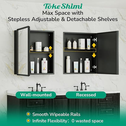 TokeShimi 14 x 18 Recessed Medicine Cabinet, Assembly Required, Black Bathroom Medicine Cabinet with Mirror, Stepless Adjustable Shelves, Tempered Glass, Beveled Aluminum Frame