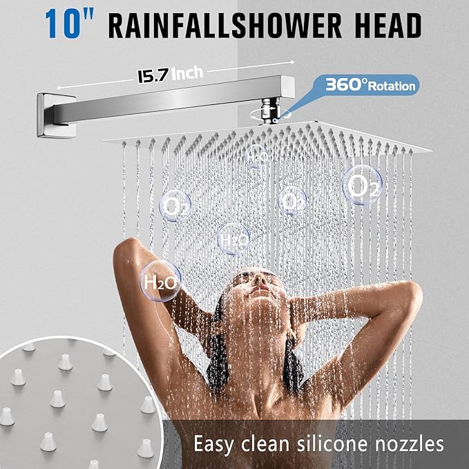 10 Inch Rainfall Shower System with Tub Spout - Wall Mounted Complete Combo with Solid Brass Pressure Balancing Valve, High Pressure Shower Head, Handle Set & Installation Accessories Brushed Nickel