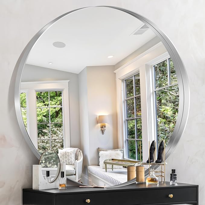 Silver Round Mirror 42 inch Deep Frame Circle Mirror, Metal Framed Bathroom Mirror, Round Vanity Mirror, Circle Mirrors for Wall Entryway Bedroom Living Room Hallway