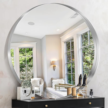 Silver Round Mirror 42 inch Deep Frame Circle Mirror, Metal Framed Bathroom Mirror, Round Vanity Mirror, Circle Mirrors for Wall Entryway Bedroom Living Room Hallway