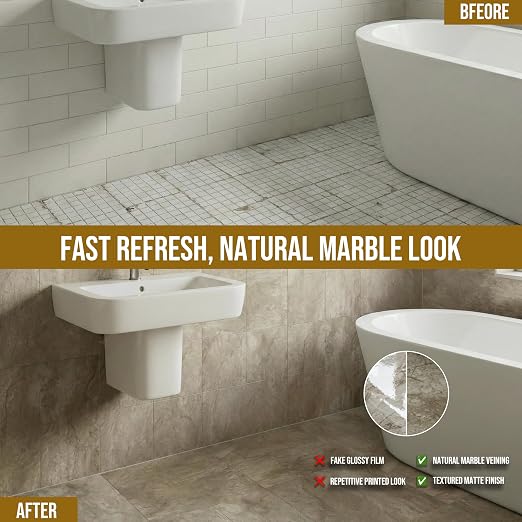 Peel and Stick Floor Tiles, 12 Sq.Ft Waterproof Vinyl Flooring, Thick Beige-Brown Marble Look Tiles, Durable Slip-Resistant Tiles for Bathroom, Kitchen & Renter-Friendly DIY Home Upgrade(12”x12”) | 12 Sq.Ft 12x12 Marble Look Tiles, Durable Water&Oil Re...