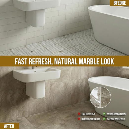 Peel and Stick Floor Tiles, 1.8mm Thick Waterproof Viny Beige-Brown Marble | Marble Look Tiles, Durable Water&Oil Resistant Tiles for Bathroom, Kitchen & Renter-Friendly DIY Home Upgrade