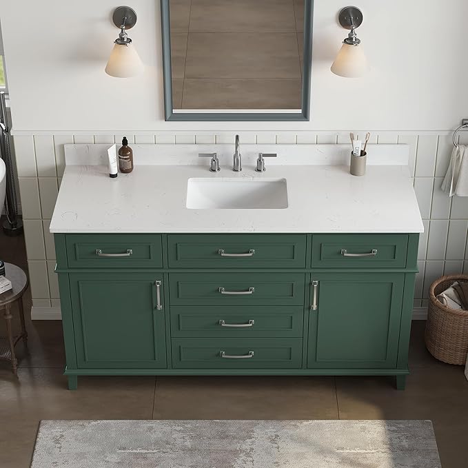 60 Inch Green Bathroom Vanity Single Sink, Fully Assembled Bathroom Vanities with Soft Closing Doors & Dovetail Drawers, Solid Wood Vanity Bathroom, 60 Inch Vanity Single Sink