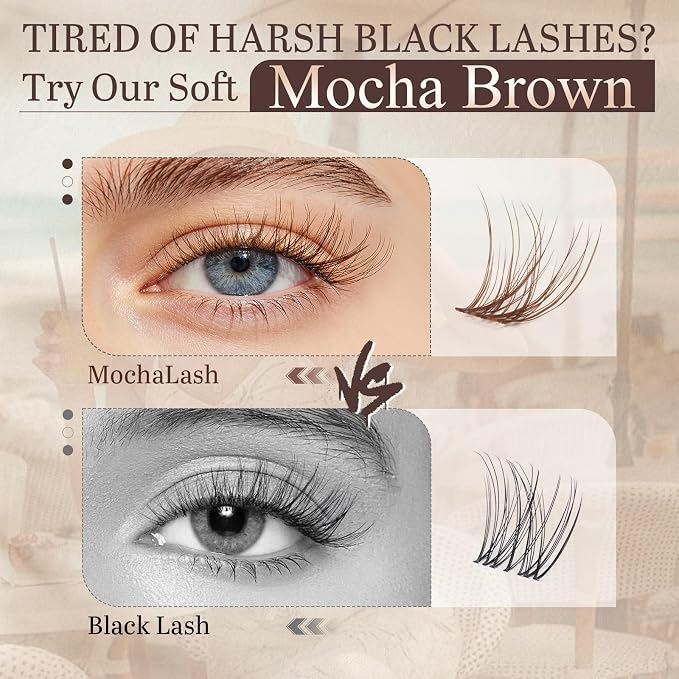 B&Q Brown Lash Clusters, Mocha C Curl Natural Look, 144 Pcs | Brown lash clusters C curl 8-16mm, soft natural look, versatile for all hair colors, DIY daily wear work wedding party travel