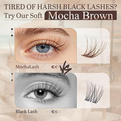 B&Q Brown Lash Clusters, Mocha C Curl Natural Look, 144 Pcs | Brown lash clusters C curl 8-16mm, soft natural look, versatile for all hair colors, DIY daily wear work wedding party travel