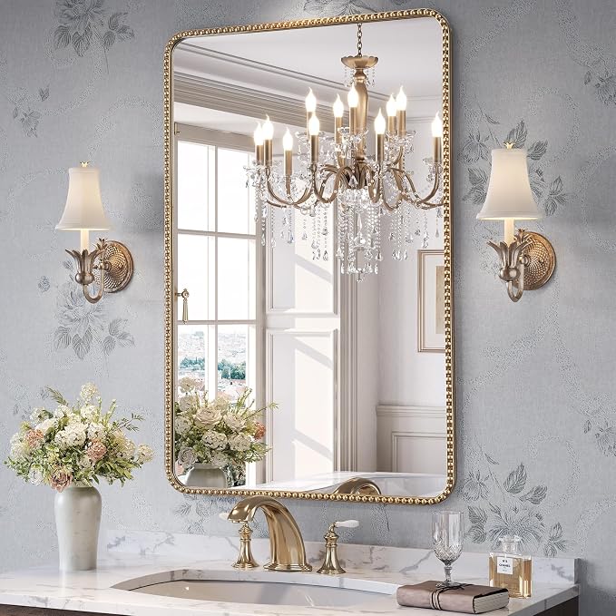 24"x36" Champagne Bronze Mirror Bathroom, Beaded Vanity Mirror | Mount Vertically or Horizontally, Shatterproof Safety, HD, Brass Vanity Mirror for Bedroom Entryway Living Room Fireplace