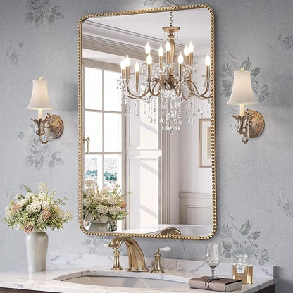 24"x36" Champagne Bronze Mirror Bathroom, Beaded Vanity Mirror | Mount Vertically or Horizontally, Shatterproof Safety, HD, Brass Vanity Mirror for Bedroom Entryway Living Room Fireplace