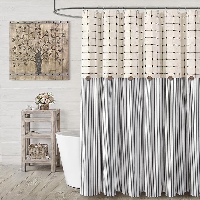 Farmhouse Shower Curtain Button Plaid-Beige-Black Stripe 72"W x 72"L | Farmhouse Style, Chic Button, Striped, Linen Fabric, Rustic, Country, Natural Look, Washable, for Bathroom Bathtub