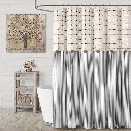 Farmhouse Shower Curtain Button Plaid-Beige-Black Stripe 72"W x 72"L | Farmhouse Style, Chic Button, Striped, Linen Fabric, Rustic, Country, Natural Look, Washable, for Bathroom Bathtub