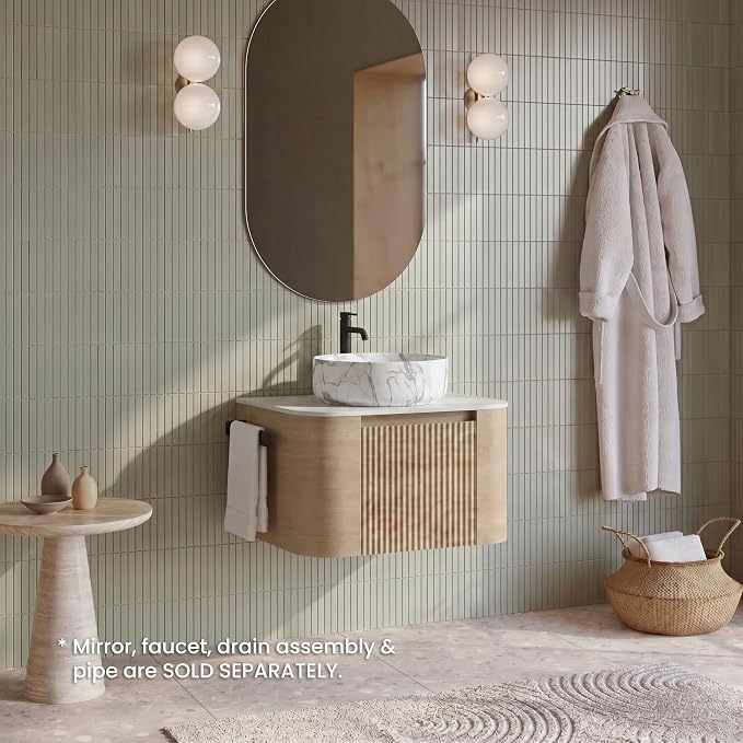 24" Preassembled Floating Bathroom Vanity with Carrara Finish Sink, Oak | Mid-Century Modern Style, Fluted & Soft-Close Drawer with U-shaped Wall, Sinterted Stone Countertop, Towel Rack Included