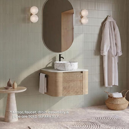 24" Preassembled Floating Bathroom Vanity with Carrara Finish Sink, Oak | Mid-Century Modern Style, Fluted & Soft-Close Drawer with U-shaped Wall, Sinterted Stone Countertop, Towel Rack Included
