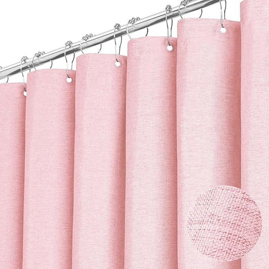 BTTN Pink Fabric Shower Curtain - Linen Textured Weighted Cloth Shower Curtain Set with 12 Plastic Hooks, Machine Washable, Hotel Spa Luxury Neutral Decorative Modern Bath Curtains for Bathroom, 72x72
