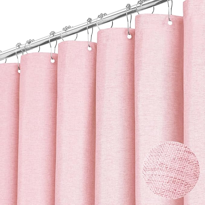 Long Linen Textured Waterproof Thick Shower Curtain Set, 72x84, Pink | Tall Size, 230GSM Polyester, Heavy Duty Cloth, Weighted Hem, 12 Plastic Hooks, Modern Luxury Hotel Style, Machine Washable