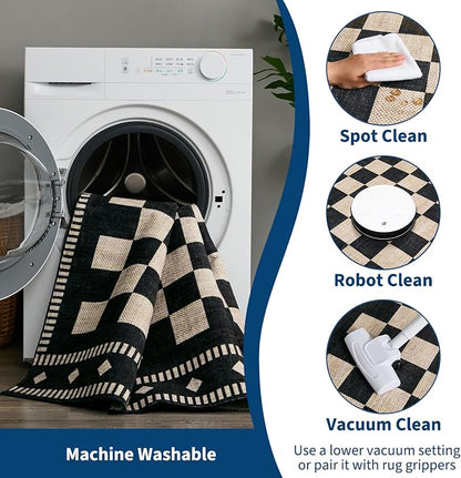 Garvee Living Room Rug 10x14 Washable Non Slip Checkered Large Rugs Black | Vintage Geometric Throw Rugs Low Pile Soft Non Shedding Stain Resistant Carpet for Bedroom Dining Room Black 10'x14'