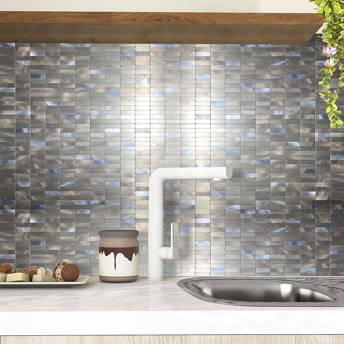 XUANINY Peel and Stick Tile Backsplash Self- Adhesive Wall Tiles Aluminum Mosaic Sticker for Kitchen (11.33"x11.92" Per Sheet, Pack of 8 pcs) (Frosted Champagne+Frosted Silver 8)
