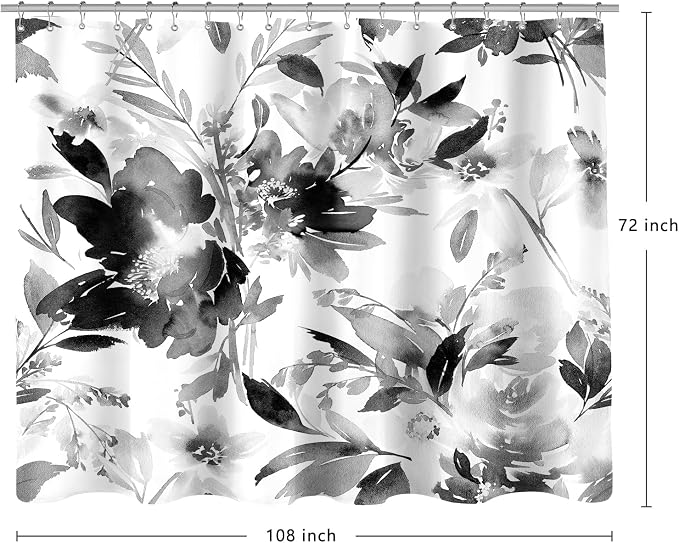 Extra Wide Flower Shower Curtain 108x72 for Claw Foot Tub, Black and White | Modern Watercolor Floral 108 inch Long Shower Curtain Set with 18 Pack Plastic C-Hooks