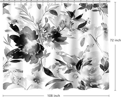Extra Wide Flower Shower Curtain 108x72 for Claw Foot Tub, Black and White | Modern Watercolor Floral 108 inch Long Shower Curtain Set with 18 Pack Plastic C-Hooks
