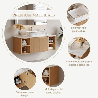 48" Floating Bathroom Vanity with Sink, Modern Vanity Cabinet with Sintered Stone Countertop, Wall Mount Bathroom Sink with Storage, Ceramic Basin, Light Wood