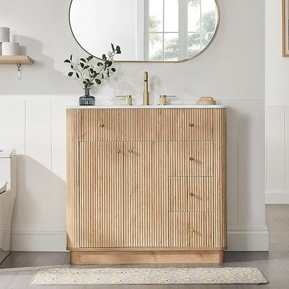 T4TREAM 36 Inch Bathroom Vanity with Sink, Modern Fluted Single Bathroom Vanity with Sink with Storage Cabinet, Adjustable Shelf and 3 Small Drawers, Natural Oak