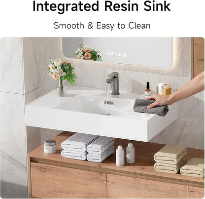 60 Inch Floating Bathroom Vanity with Single Sink, Modern Wall-Mounted Bathroom Cabinet with Resin Sink & Soft Close Drawers & Side Cabinet, Split-level Layout (Nature Oak, 60"+2 side cabinets)