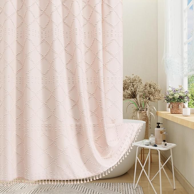Light Pink Boho Fabric Shower Curtain with Tassel 72x78, Tufted Textured | Modern Farmhouse Curtain for Bathroom, Long Bathroom Curtain, Minimalist Decor, Waterproof