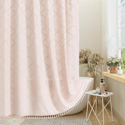 Light Pink Boho Fabric Shower Curtain with Tassel 72x78, Tufted Textured | Modern Farmhouse Curtain for Bathroom, Long Bathroom Curtain, Minimalist Decor, Waterproof