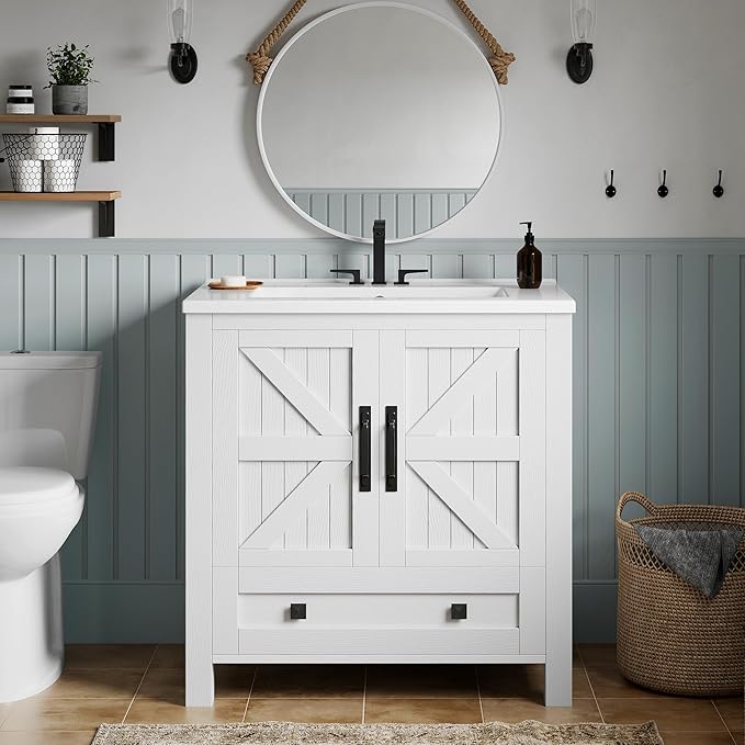 YITAHOME 30 Inch Farmhouse Bathroom Vanity with Sink, Small Space Bathroom Storage Cabinet with Large Drawer, 2 Wood Barn Doors with Built-in Door Racks