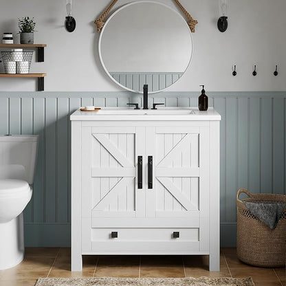 YITAHOME 30 Inch Farmhouse Bathroom Vanity with Sink, Small Space Bathroom Storage Cabinet with Large Drawer, 2 Wood Barn Doors with Built-in Door Racks