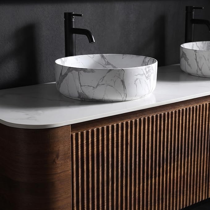 60" Preassembled Double Floating Bathroom Vanity with Carrara Sink, Walnut | Mid-Century Modern Style, Fluted & Soft-Close Drawer with U-shaped Wall, Sinterted Stone Countertop, Towel Rack Included