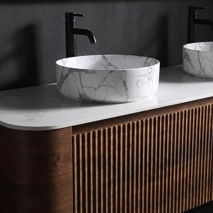 60" Preassembled Double Floating Bathroom Vanity with Carrara Sink, Walnut | Mid-Century Modern Style, Fluted & Soft-Close Drawer with U-shaped Wall, Sinterted Stone Countertop, Towel Rack Included