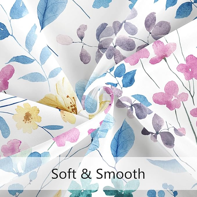 Blue Pink Floral Shower Curtain, Cute Flower Fabric Shower Curtains for Bathroom, Watercolor Wildflower Butterfly Cloth Shower Curtain Set with Hooks, 72x72