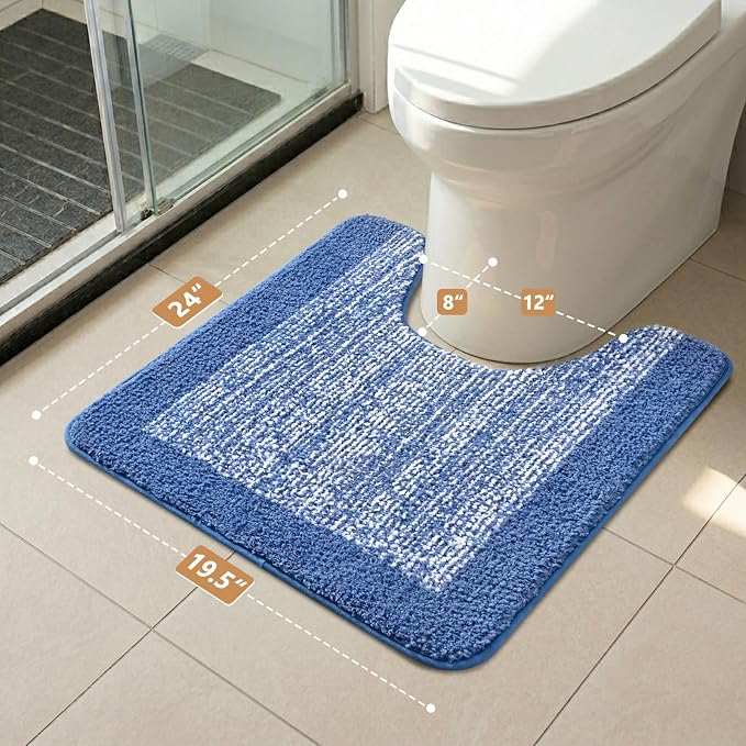Toilet Rugs U-Shaped 24x19, Non-Slip Plush Shaggy Quick Dry Bathroom Contour Rugs, Extra Soft Absorbent Chenille Washable Bath Mat for Toilet Base, Blue