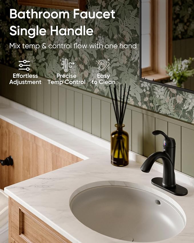 Matte Black Bathroom Faucet 1 Hole One-Handle Lever Bathroom Sink Faucets | Bath Rustic Lavatory Basin Mixer Tap with Pop Up Drain with Overflow Supply Hose by Homevacious